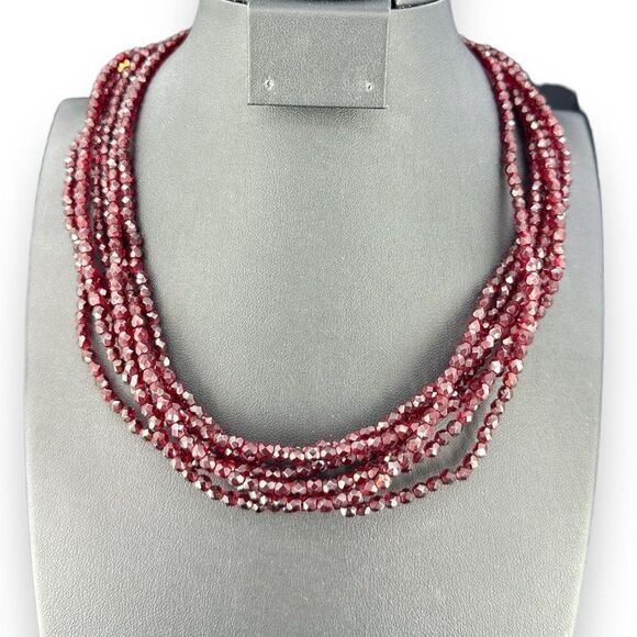 Seven Strands Red Stones Beaded Necklace over Gold Plated Hook Clasp 17-20" - Picture 2 of 7